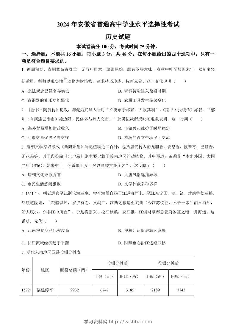 2024年高考历史试卷（安徽）（空白卷）-学习资料站