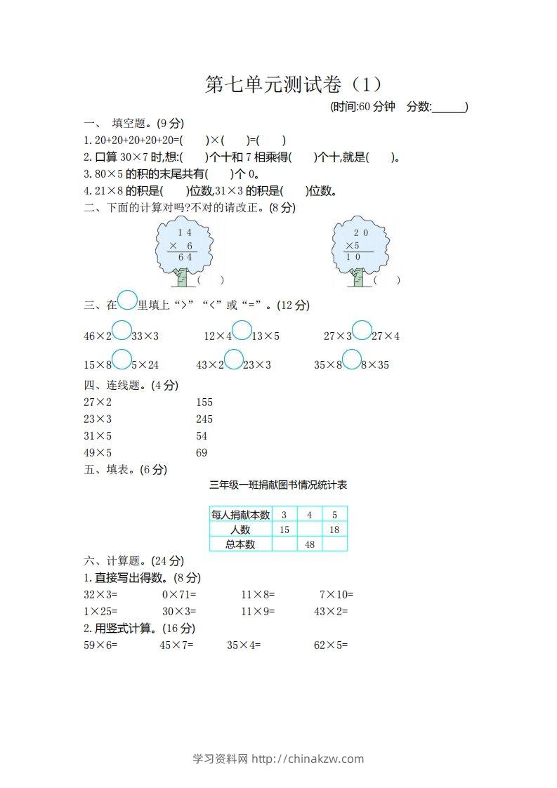 二（下）青岛版数学第七单元检测卷.1（54制）-学习资料站