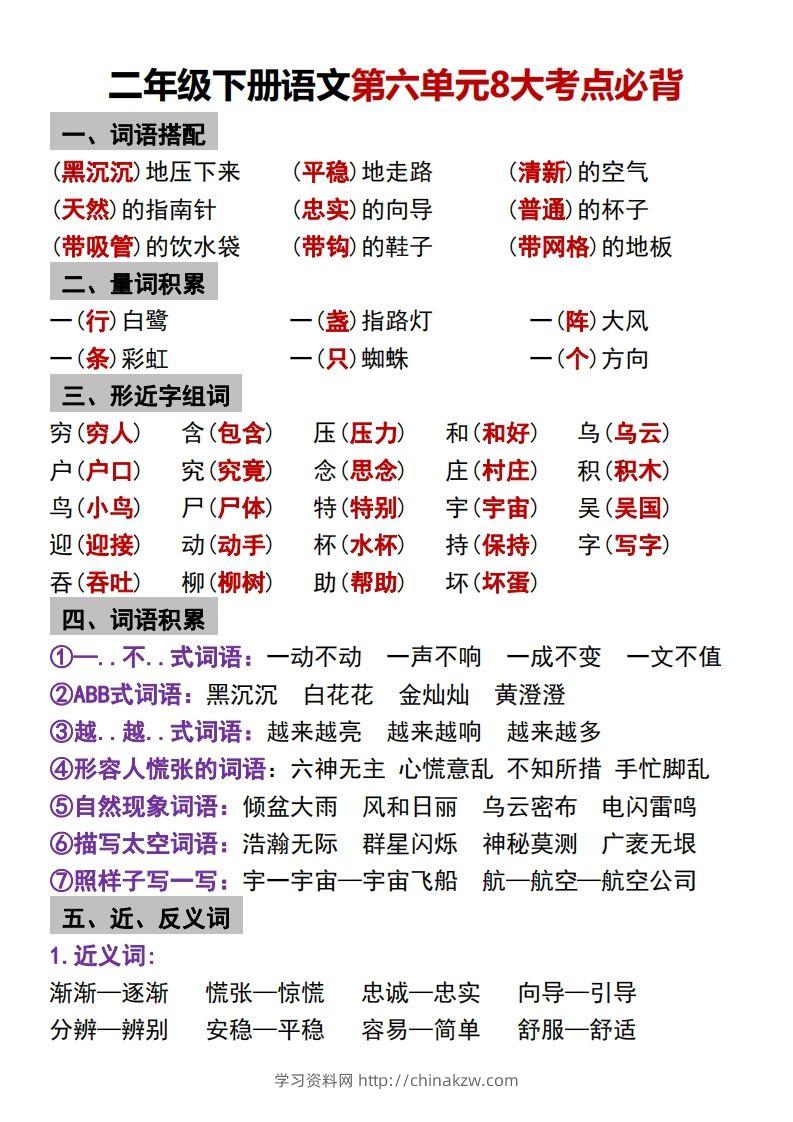 二年级下册语文第六单元8大考点必背-学习资料站