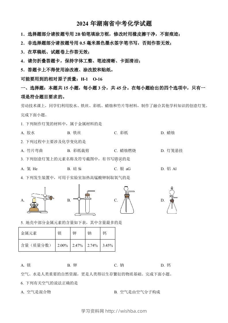 2024年湖南省中考化学试题（空白卷）-学习资料站