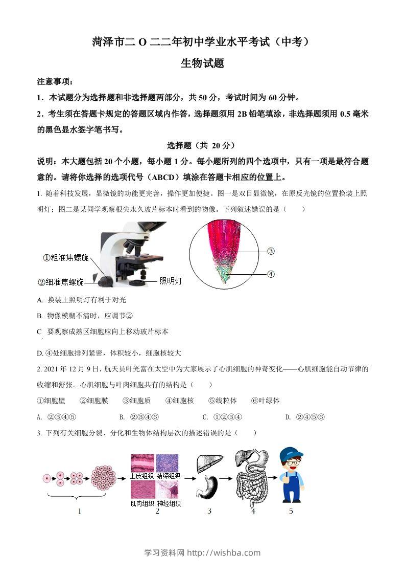 2022年山东省菏泽市中考生物真题（空白卷）-学习资料站