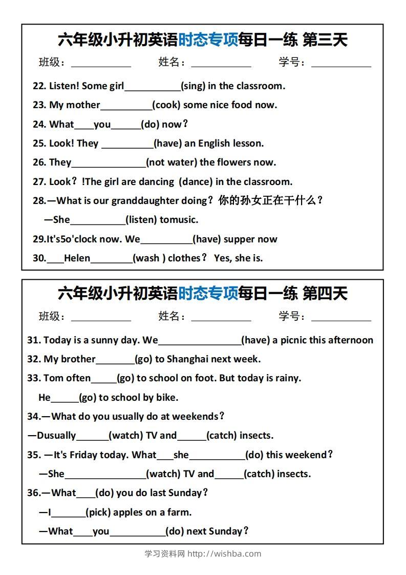 图片[2]-小升初英语时态专项每日一练-学习资料站