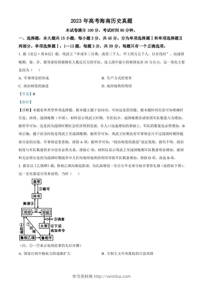 2023年高考历史试卷（海南）（含答案）-学习资料站