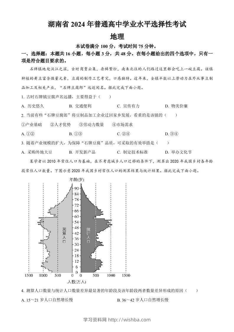 2024年高考地理试卷（湖南）（空白卷）-学习资料站