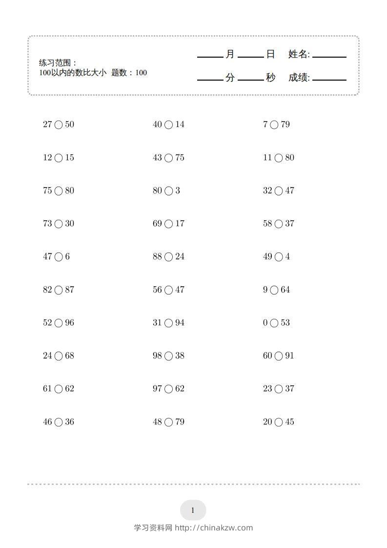 一年级数学下册(100以内的数比大小)1000题（人教版）-学习资料站