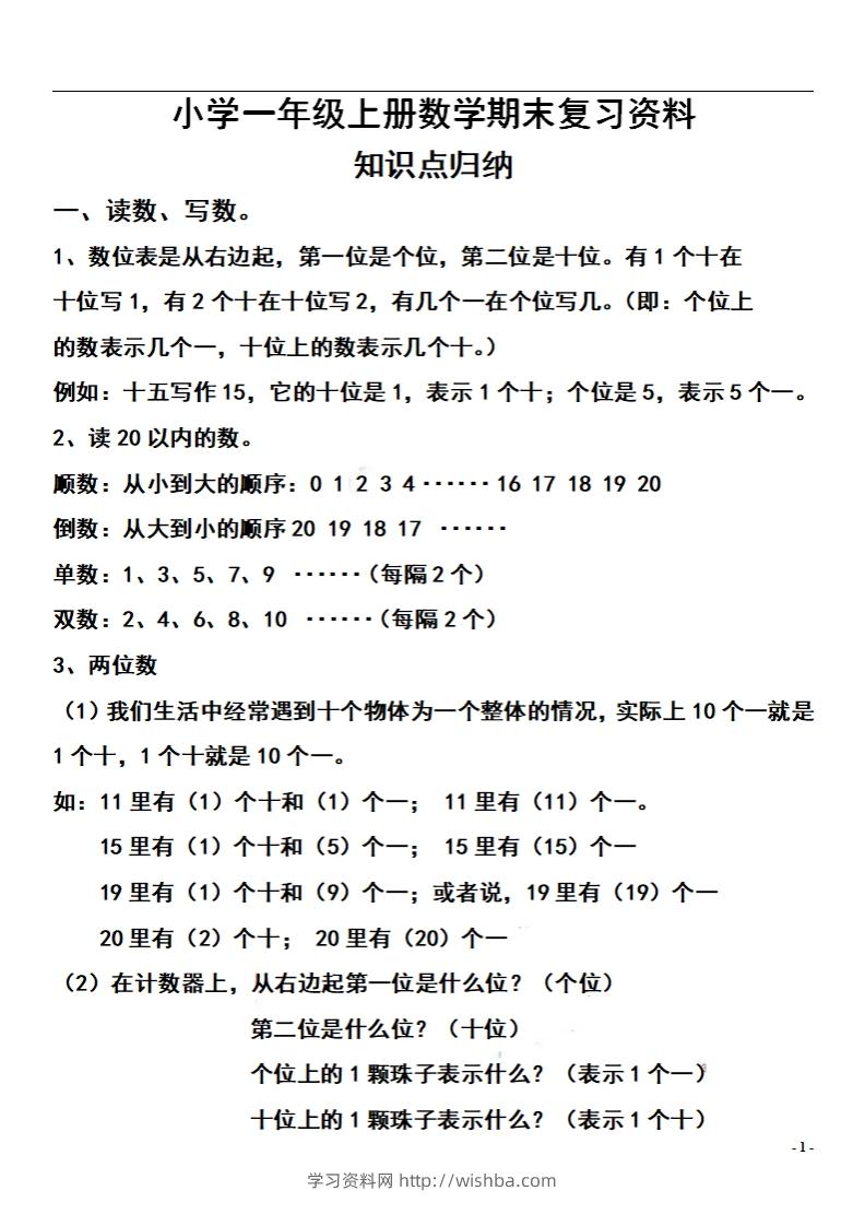 一上数学【期末：复习知识点和练习】-学习资料站
