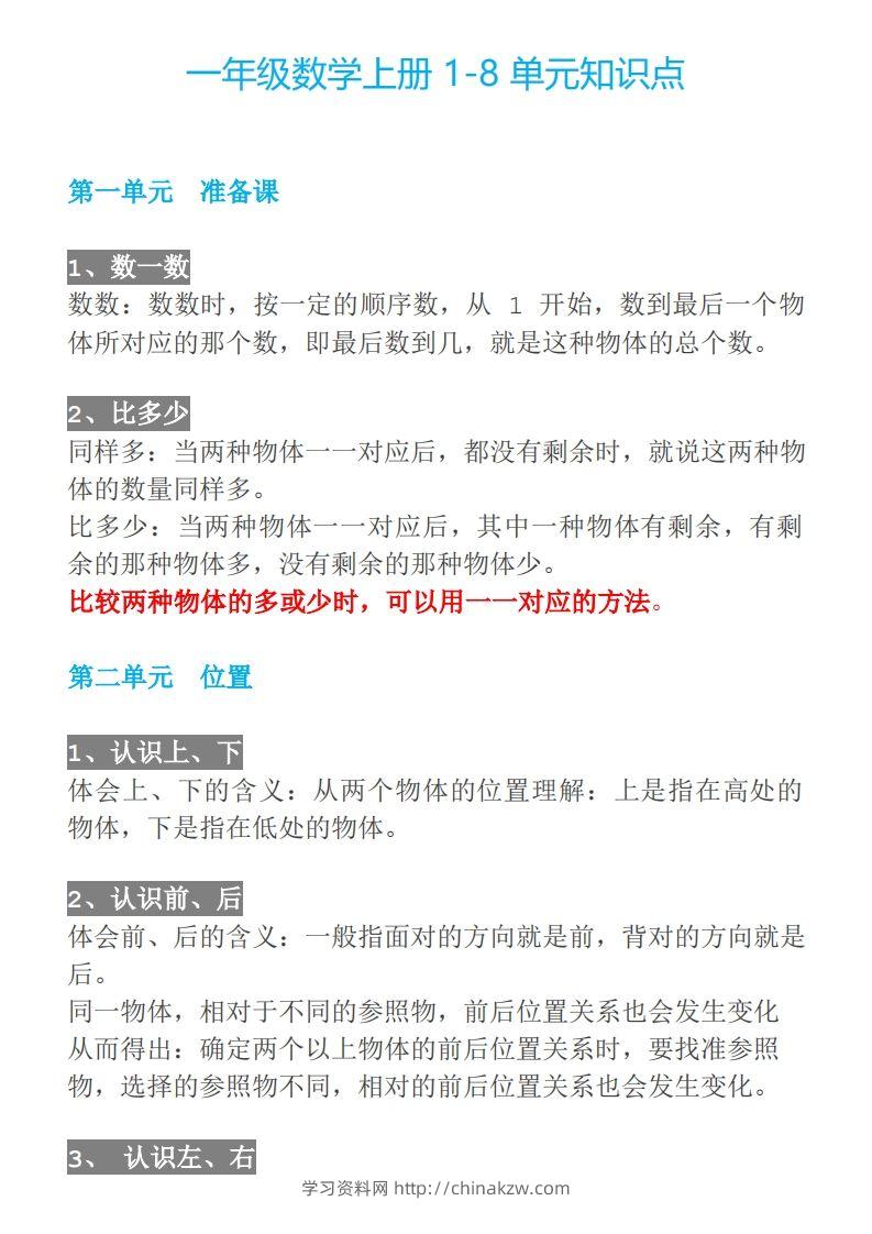 【人教一年级】数学上册必背笔记-学习资料站