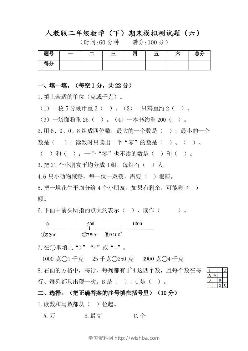 二年级数学下册试题-期末模拟测试题（六）人教版（含答案）-学习资料站