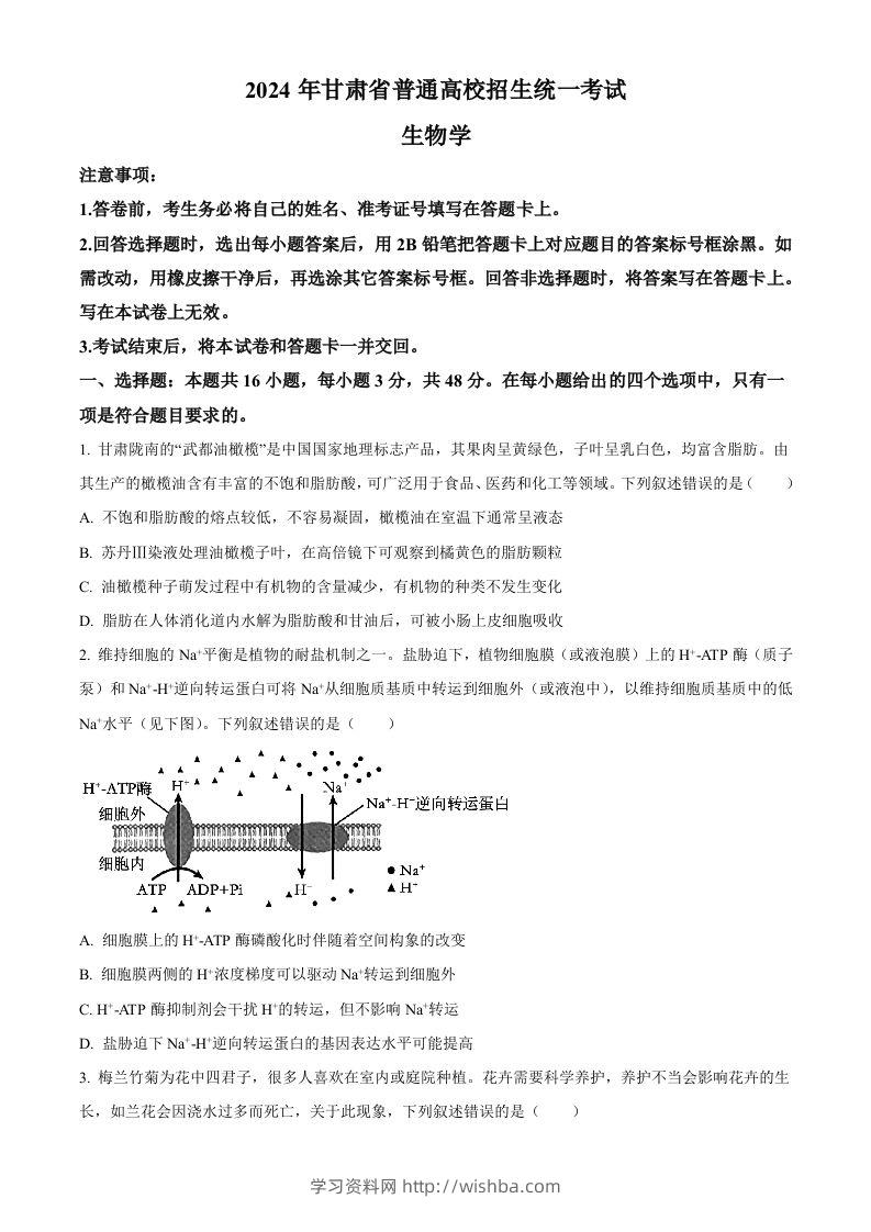 2024年高考生物试卷（甘肃）（空白卷）-学习资料站