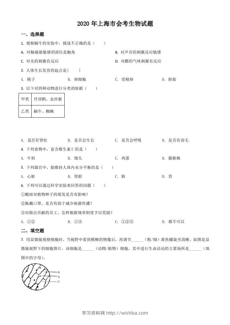 2020年上海市会考生物试题（空白卷）-学习资料站