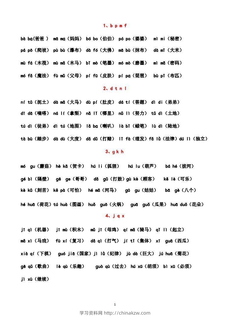 一上语文汉语拼音拼读练习（晨读晚读最佳资料）-学习资料站