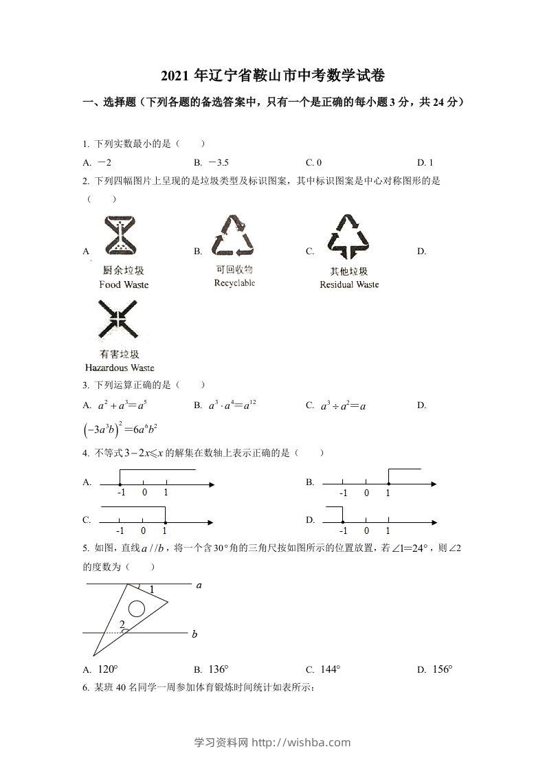 辽宁省鞍山市2021年中考真题数学试卷（空白卷）-学习资料站
