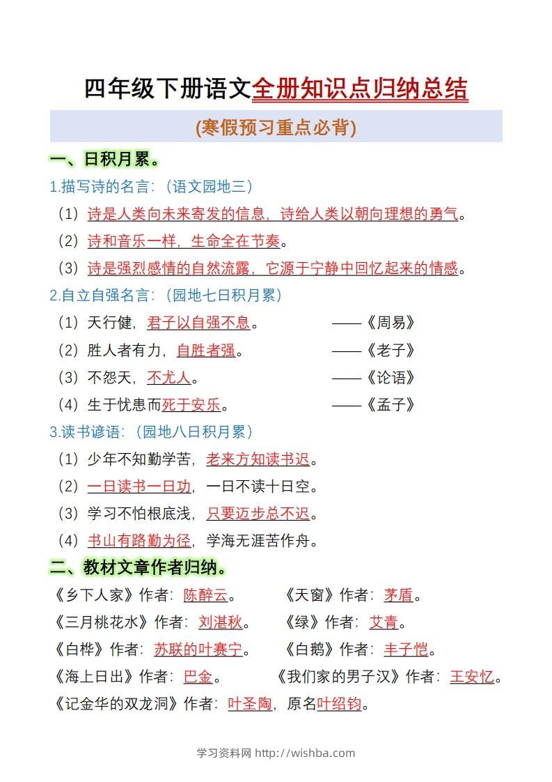四下语文全册知识点归纳总结15页-学习资料站