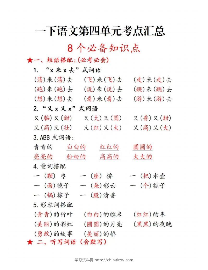 一下语文第四单元考点总结-学习资料站