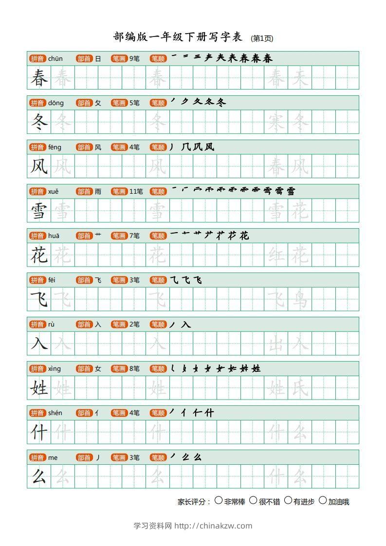 一年级语文下册写字表(笔顺)（20页）PDF（部编版）-学习资料站