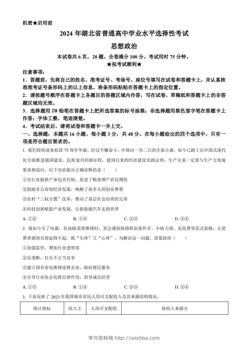 2024年高考政治试卷（湖北）（空白卷）-学习资料站