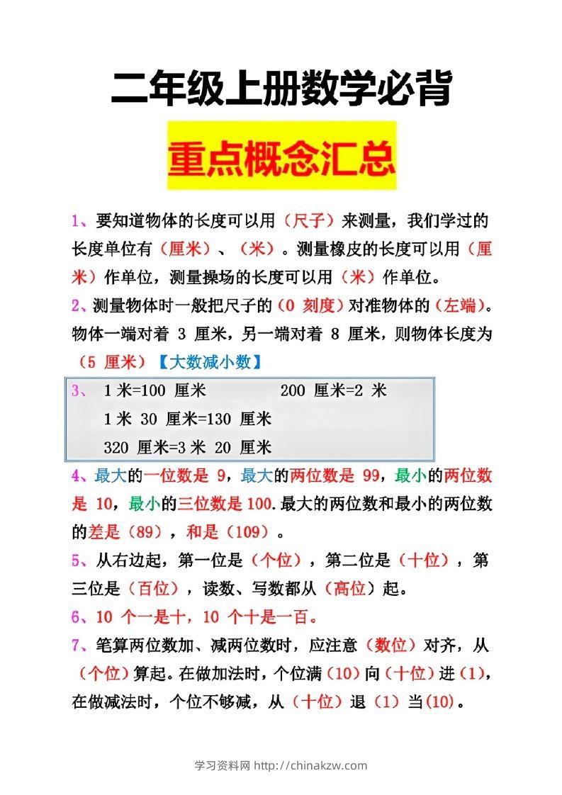二年级数学上册重点概念汇总-学习资料站