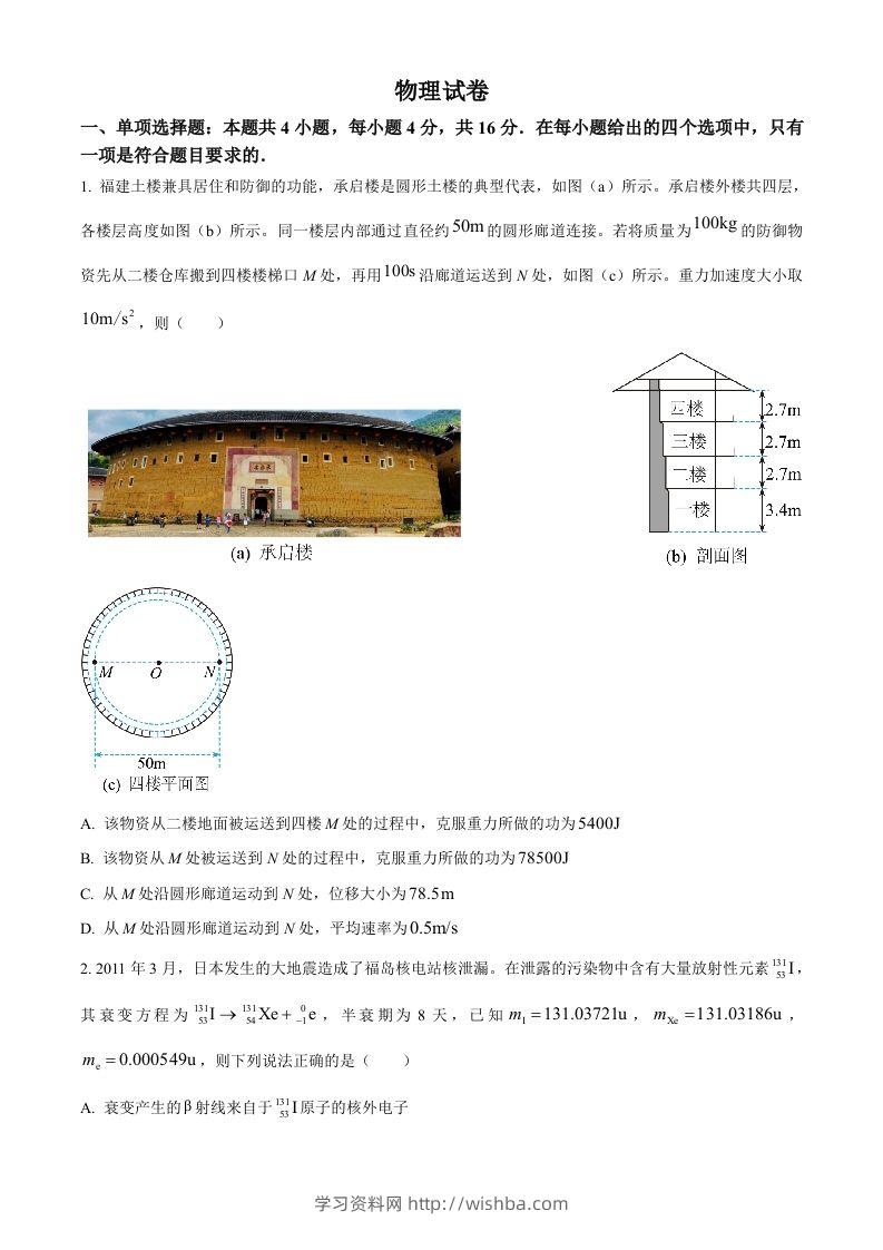 2022年高考物理试卷（福建）（空白卷）-学习资料站