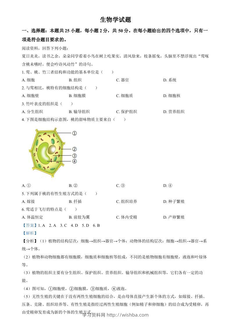 2024年福建省中考生物试题（含答案）-学习资料站