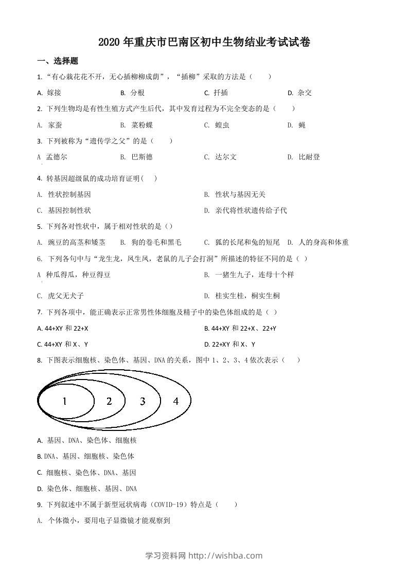 2020年重庆市巴南区初中会考生物试题（空白卷）-学习资料站