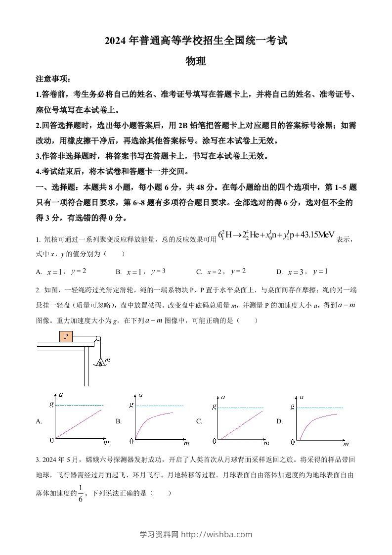 2024年高考物理试卷（全国甲卷）（空白卷）-学习资料站