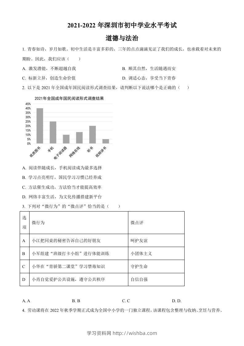 2022年广东省深圳市中考道德与法治真题（空白卷）-学习资料站