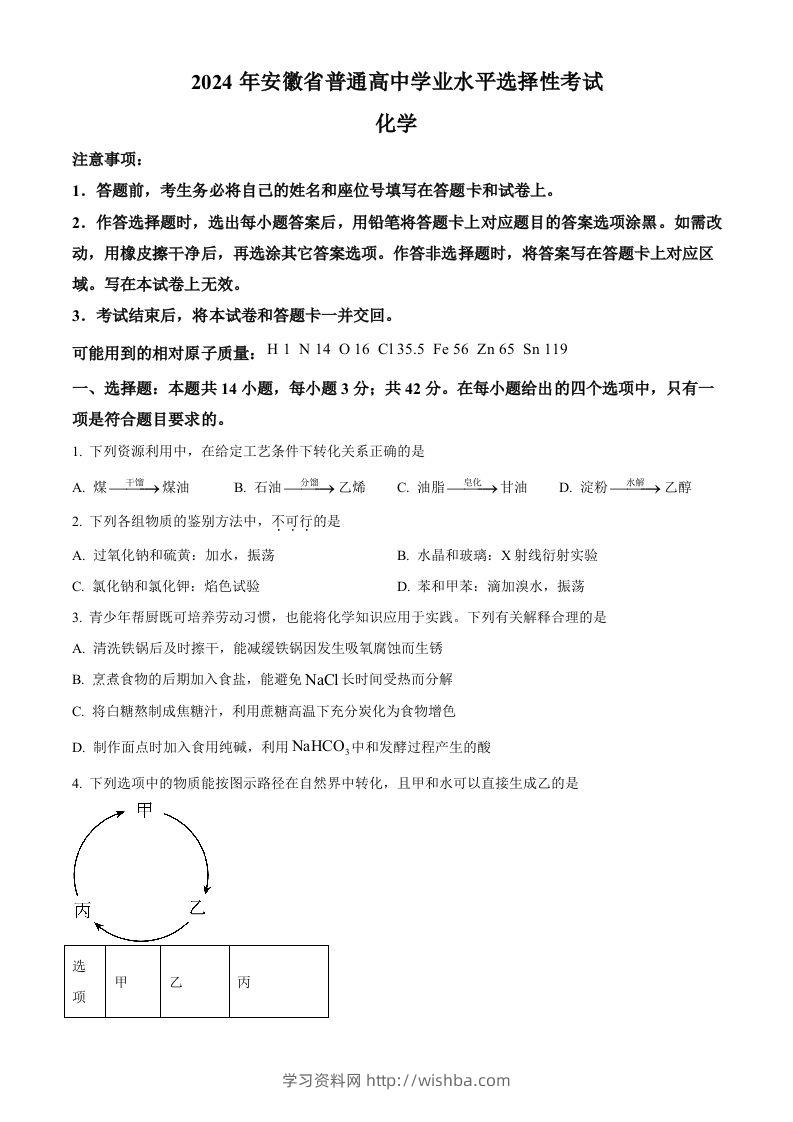 2024年高考化学试卷（安徽）（空白卷）-学习资料站
