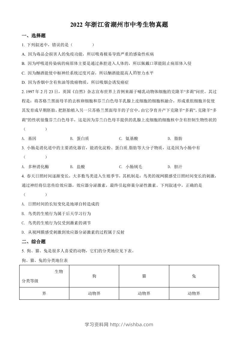 2022年浙江省湖州市中考生物真题（空白卷）-学习资料站