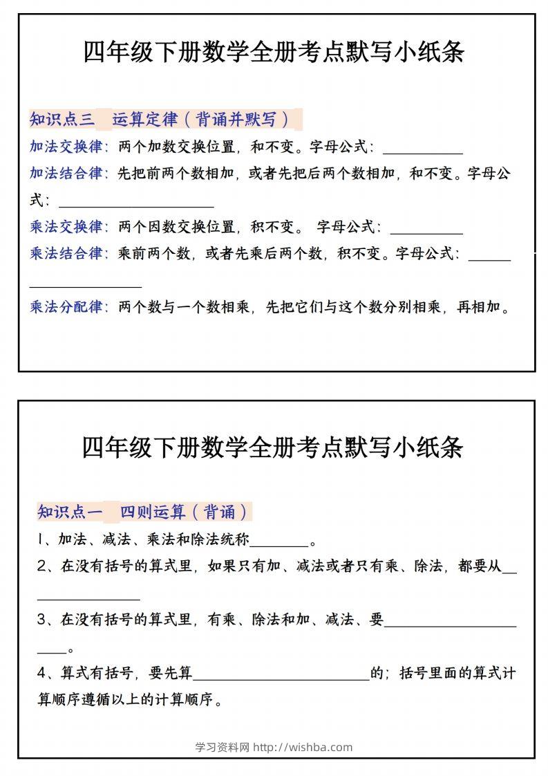 图片[2]-四下数学必背知识点默写小纸条22页-学习资料站