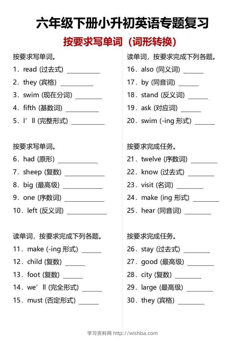 小升初（六年级）英语专题复习：单词拼写（词形转换）（含答案）-学习资料站