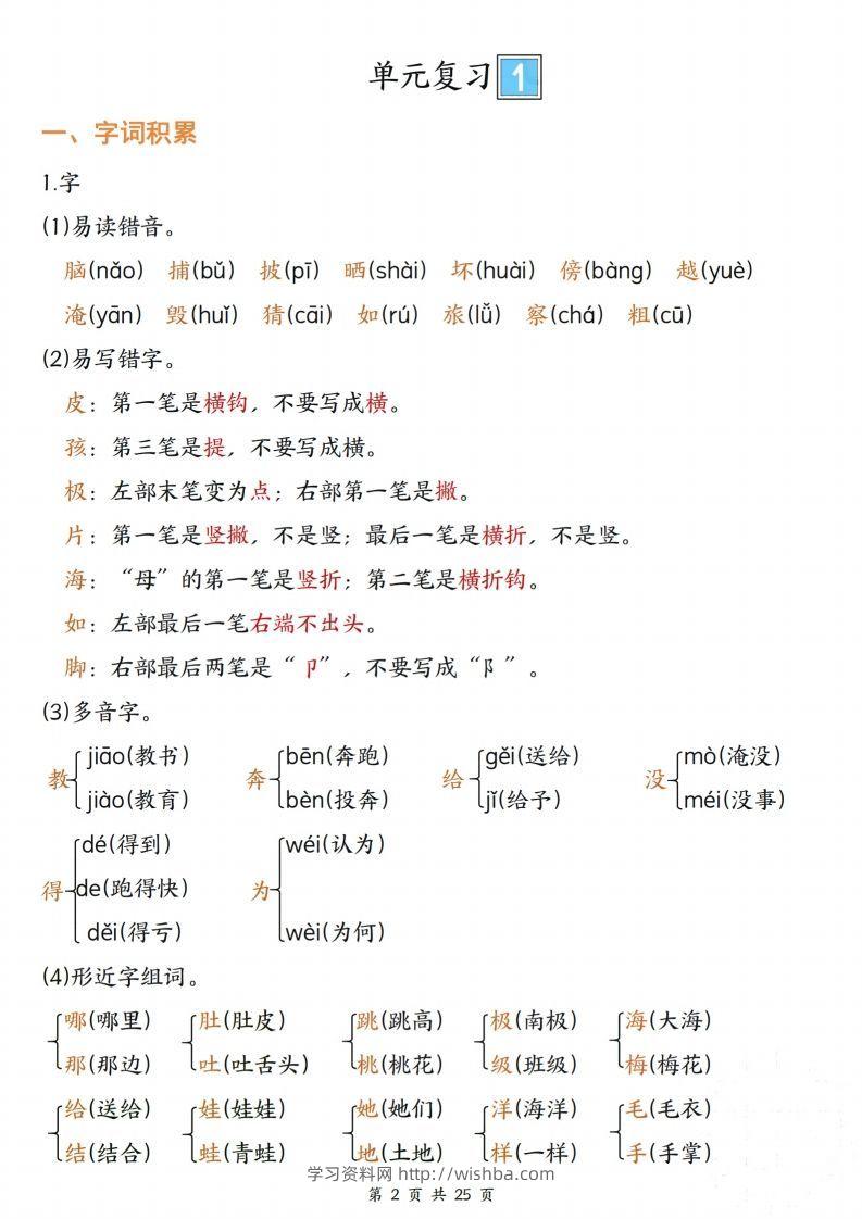 图片[2]-【期末复习单元四大项梳理（字词积累、好句积累、课文复习、考点聚集25页）】二上语文-学习资料站