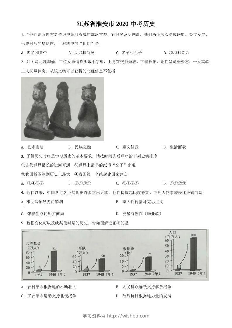 江苏省淮安市2020年中考历史试题（空白卷）-学习资料站
