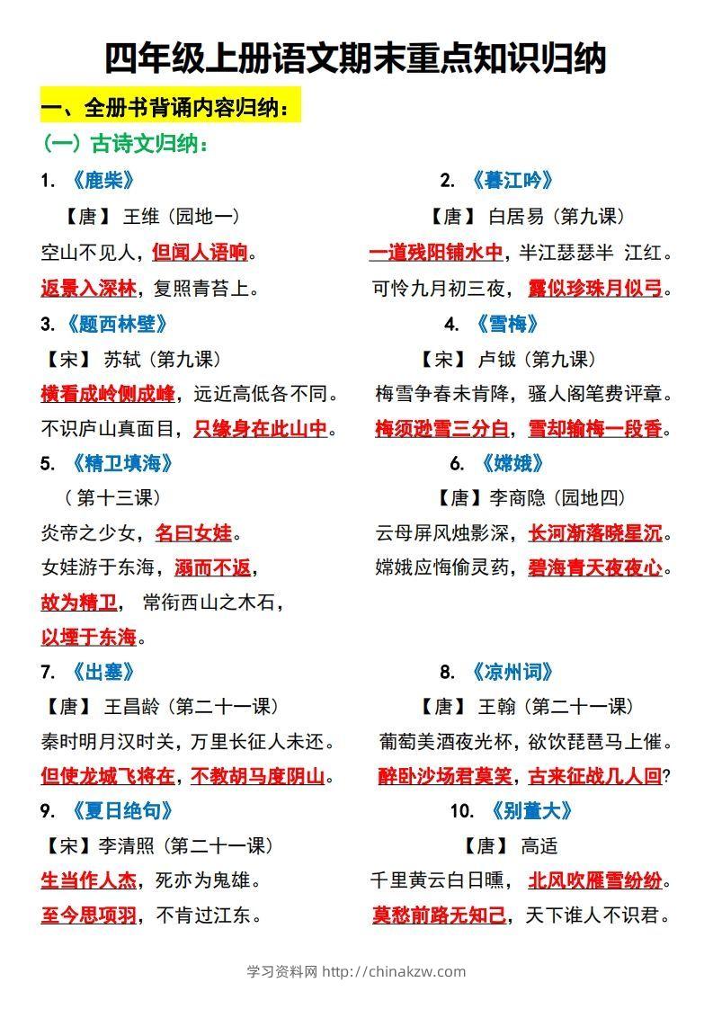 四上语文全册重点知识汇总-学习资料站