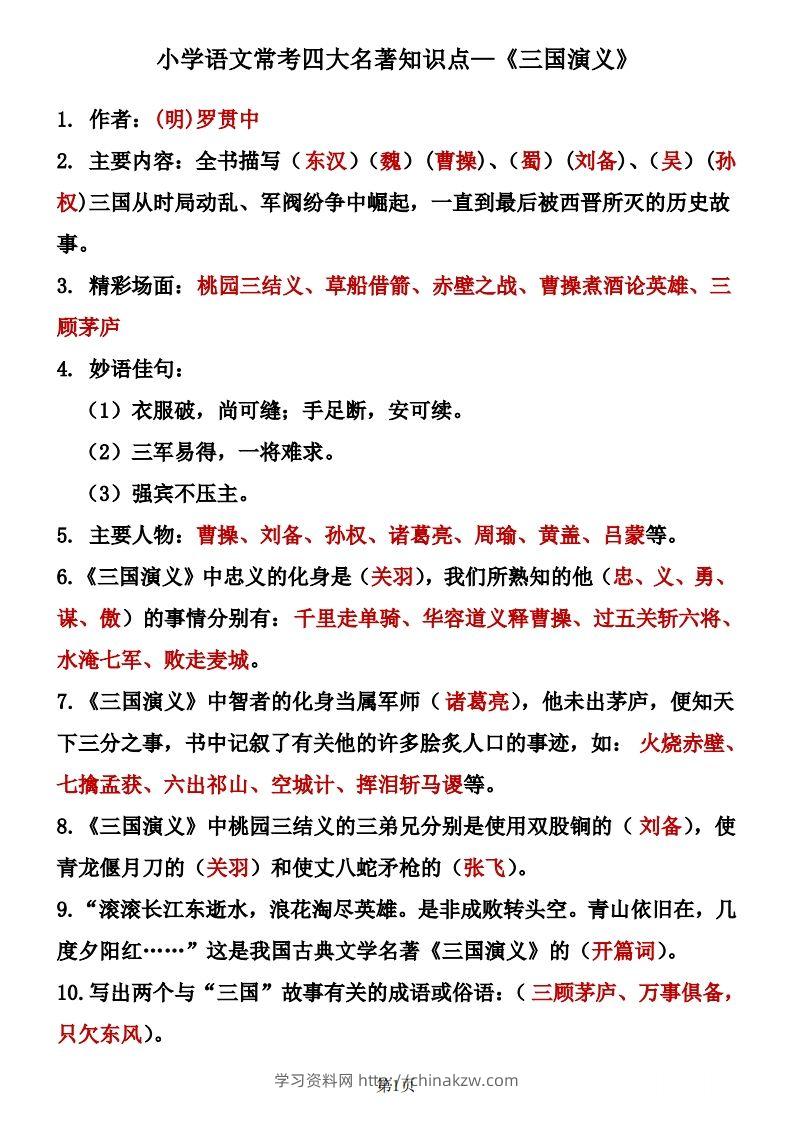 四大名著知识点汇总之《三国演义》-学习资料站