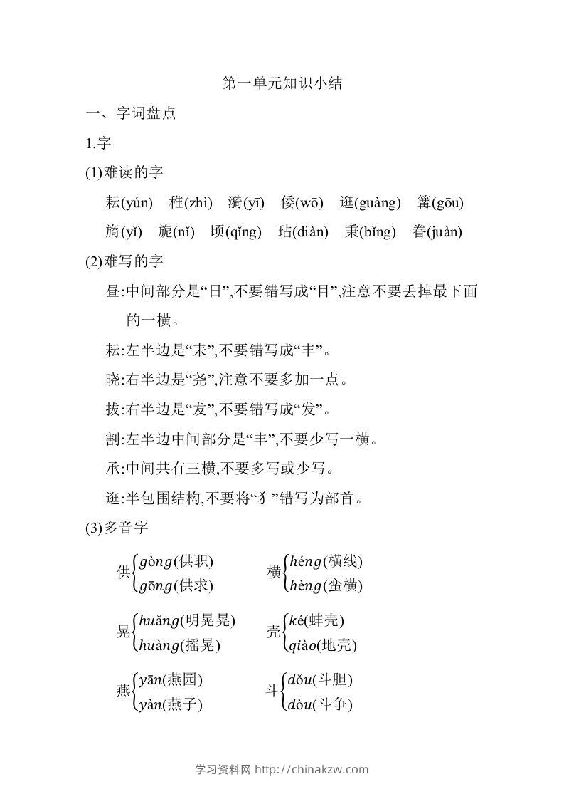 五年级语文下册01.第一单元知识小结（部编版）-学习资料站