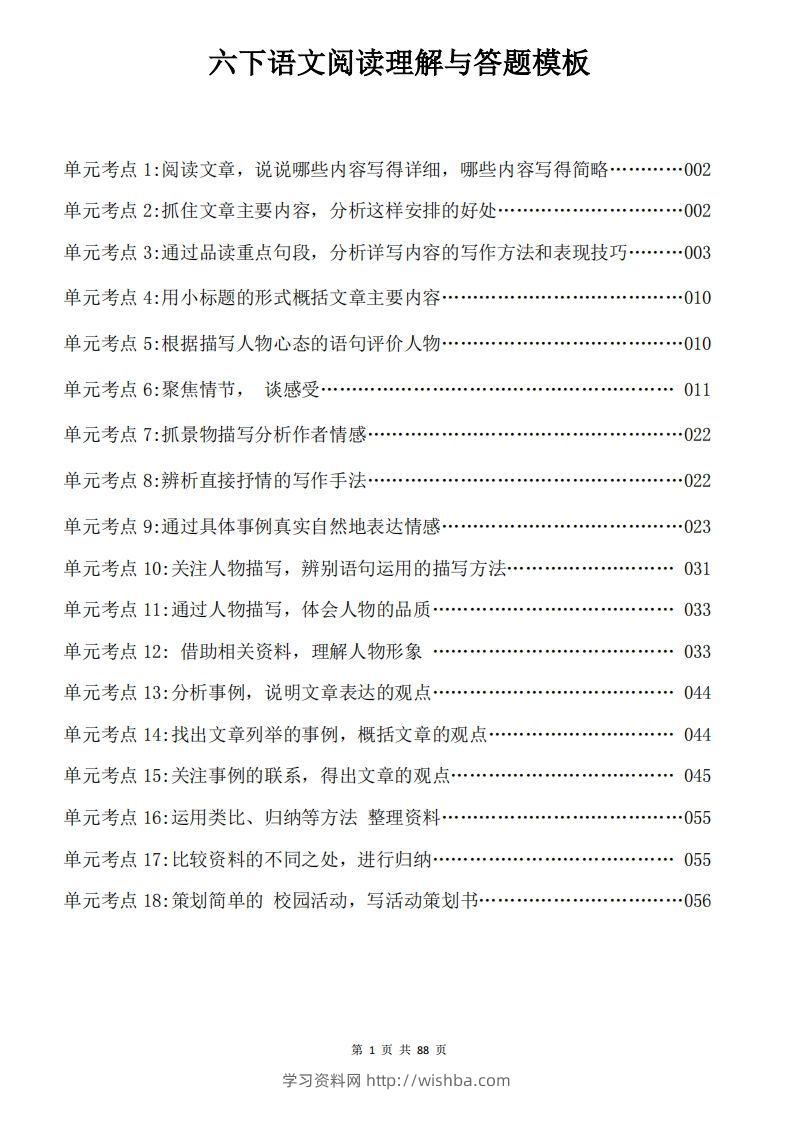 六下语文阅读理解与答题模板88页-学习资料站