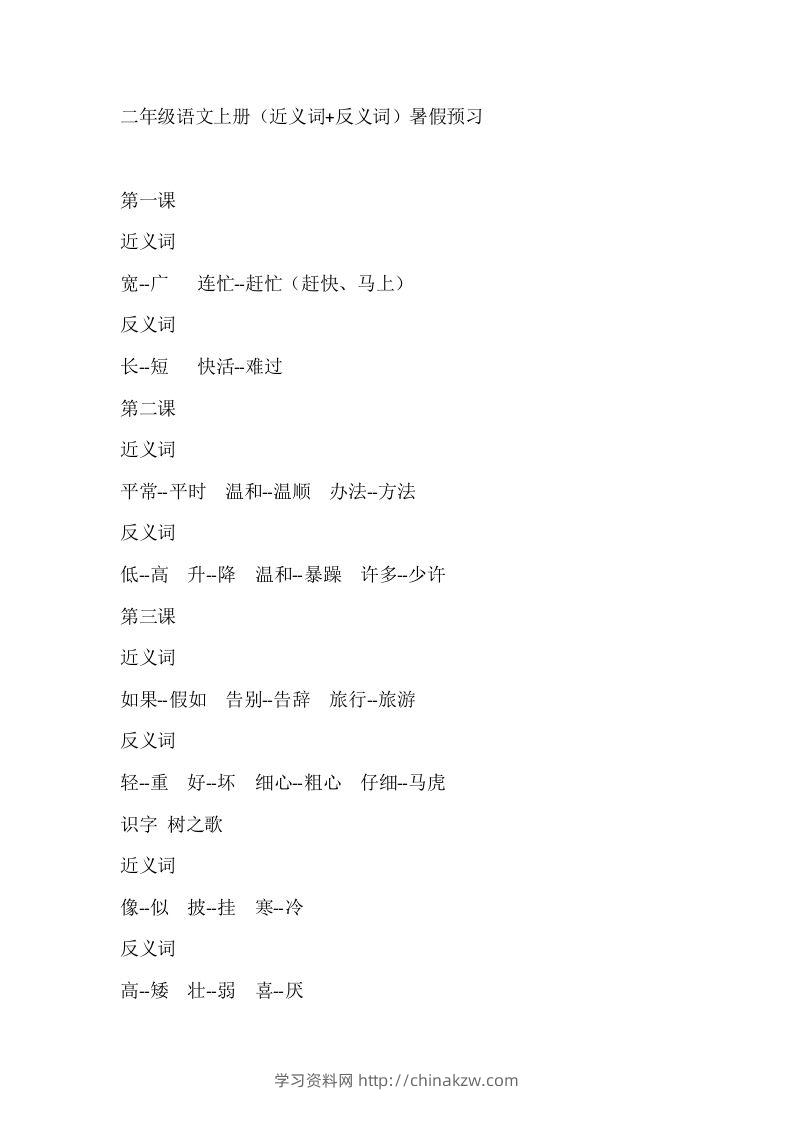 二上语文近反义词汇总-学习资料站