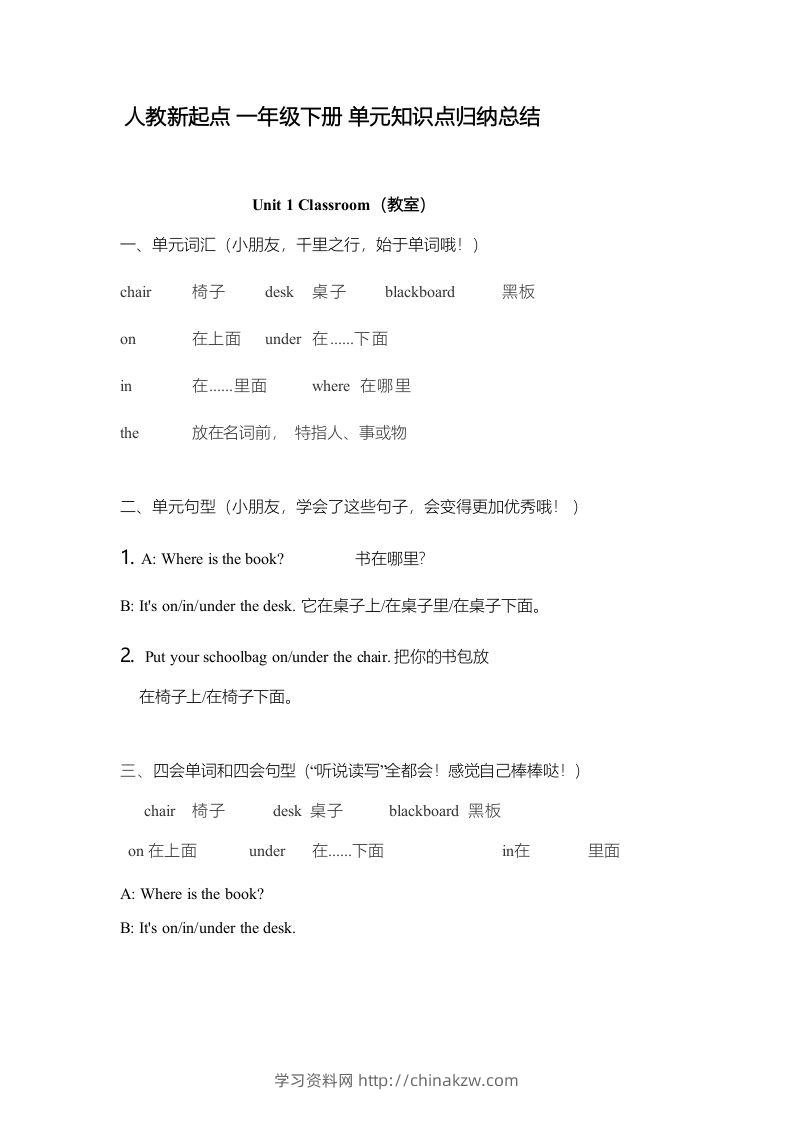 一年级英语下册一起点单元知识点归纳总结-学习资料站