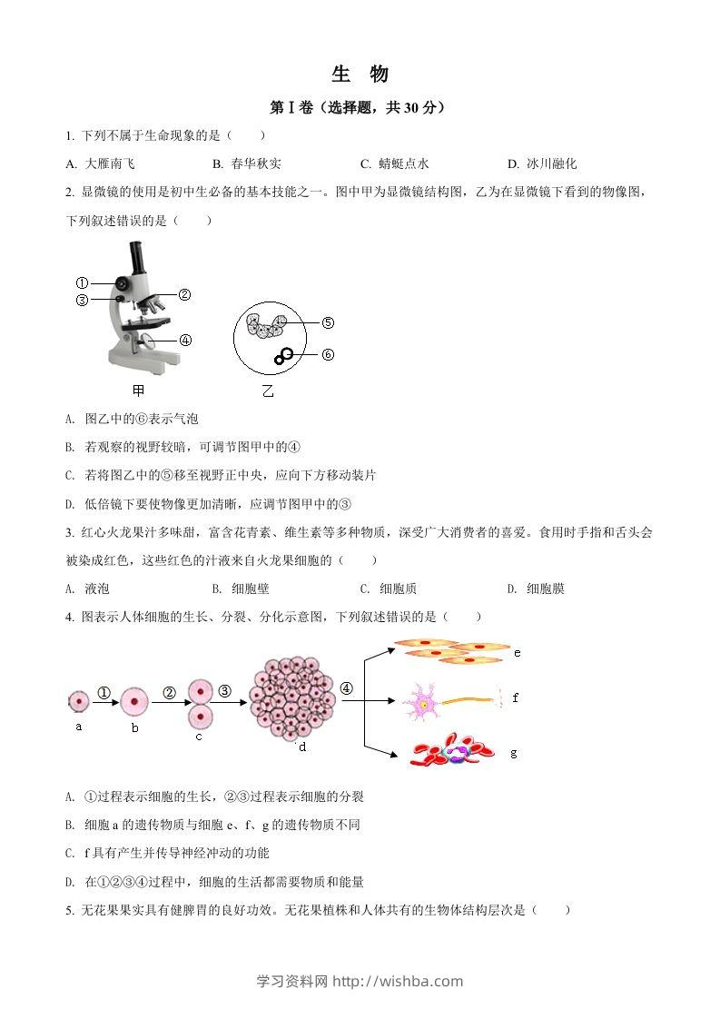 2022年广西贺州市中考生物真题（空白卷）-学习资料站