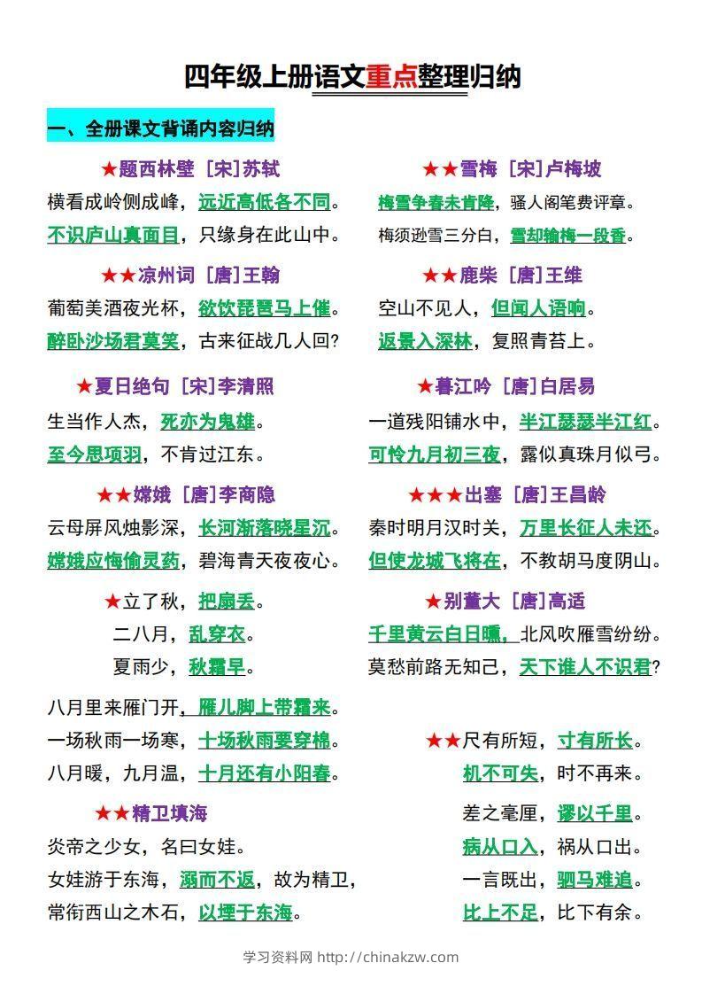 【四上】语文必背汇总-学习资料站