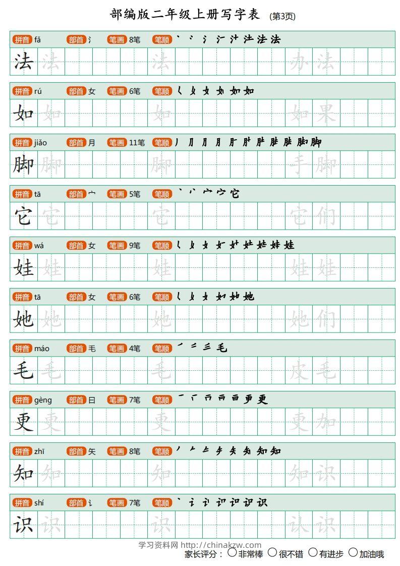 图片[3]-部编版二年级上册语文写字表《田字格字帖》-学习资料站