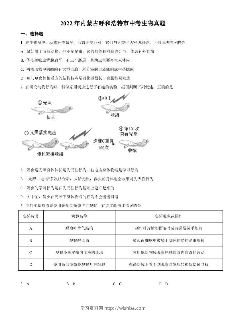 2022年内蒙古呼和浩特市中考生物真题（空白卷）-学习资料站