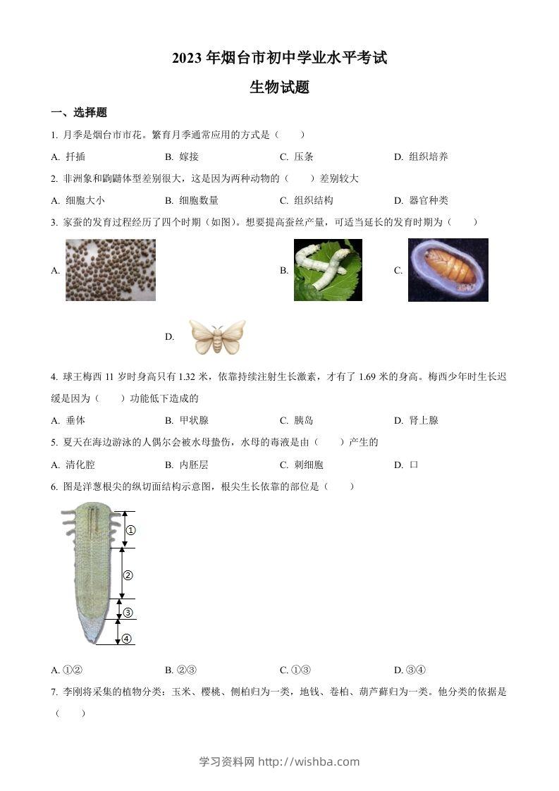 2023年山东省烟台市中考生物真题（空白卷）-学习资料站