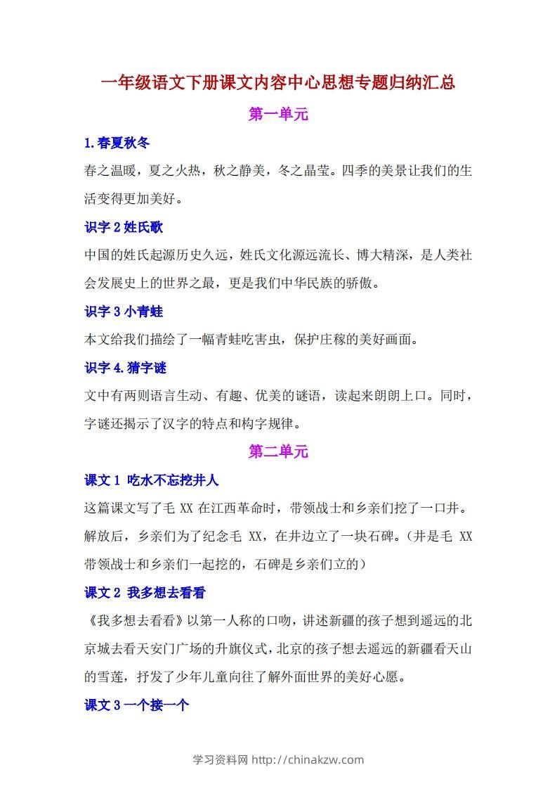 一年级语文下册课文内容中心思想专题归纳汇总-学习资料站