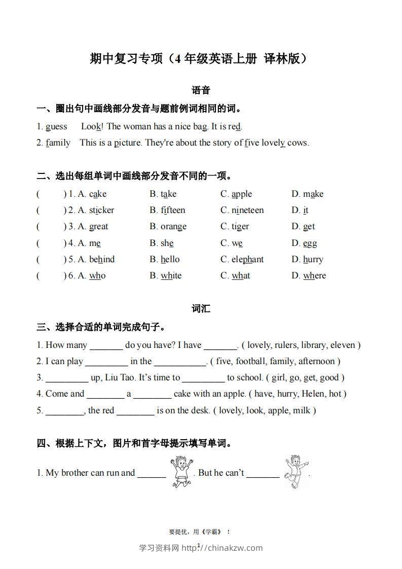 期中复习专项（四上英语译林版）-学习资料站