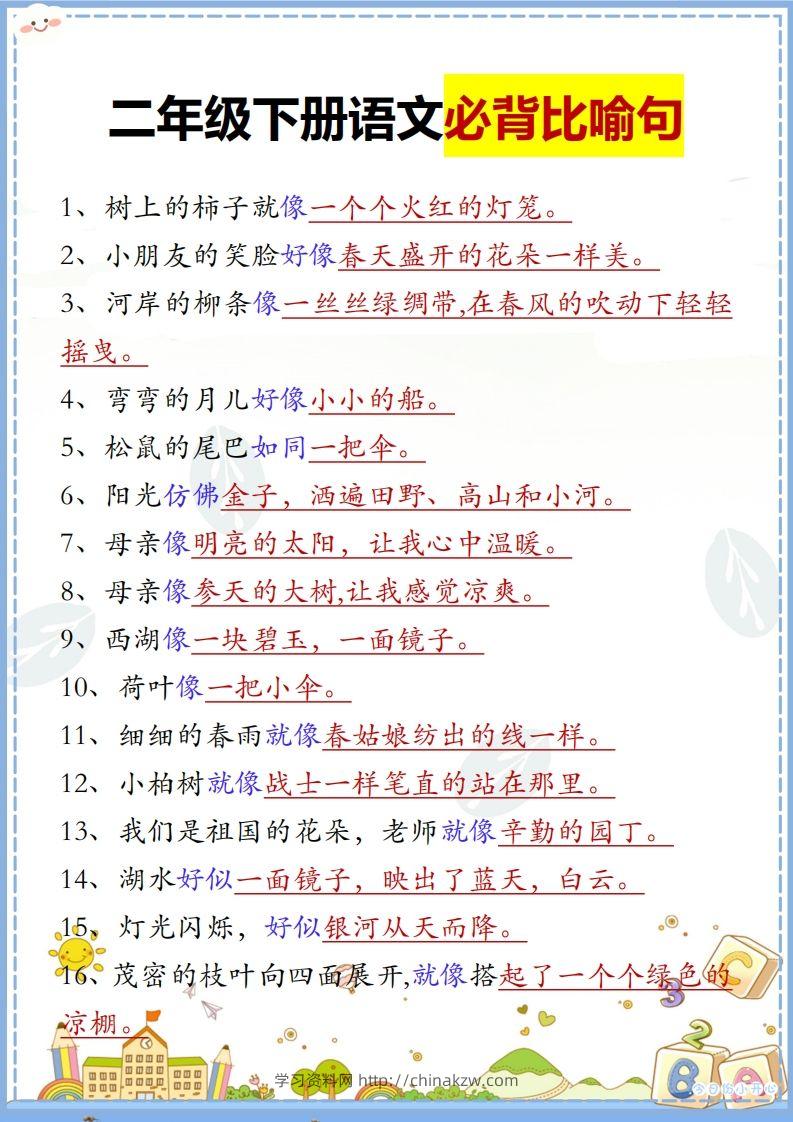 二下语文【必背比喻句汇总】-学习资料站