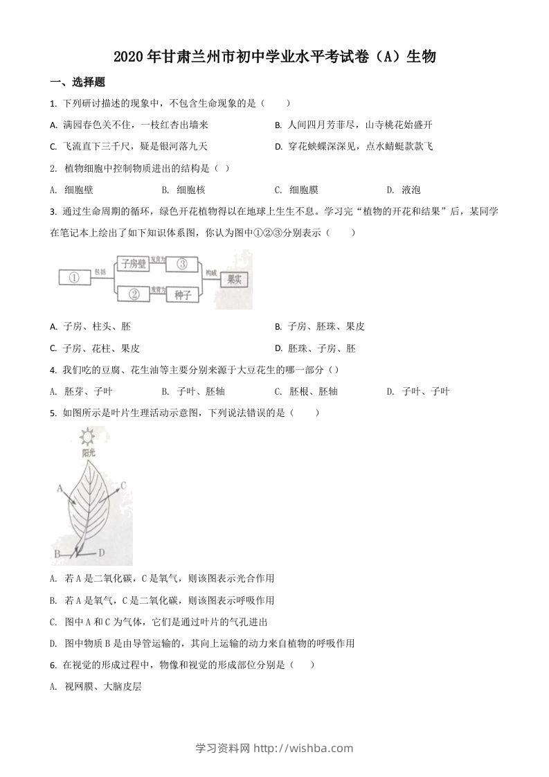 甘肃省兰州市2020年中考生物试题（A）（空白卷）-学习资料站