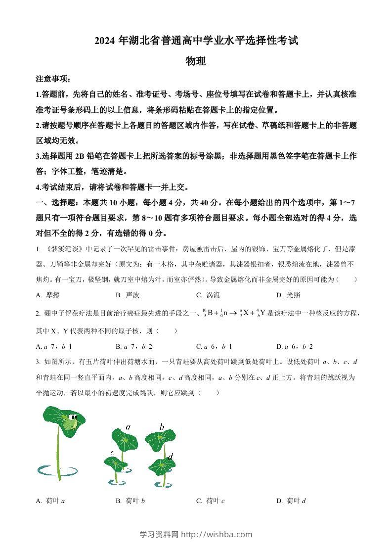 2024年高考物理试卷（湖北）（空白卷）-学习资料站