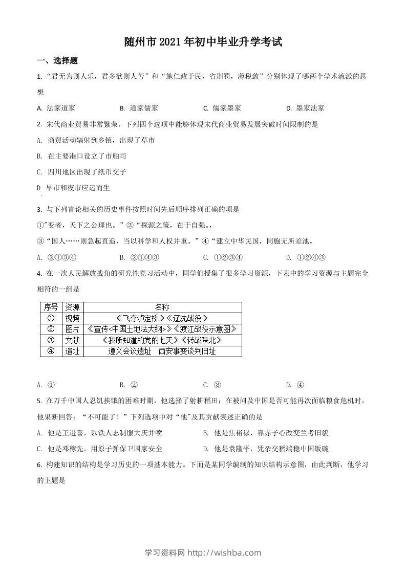 湖北省随州市2021年中考历史试题（空白卷）-学习资料站