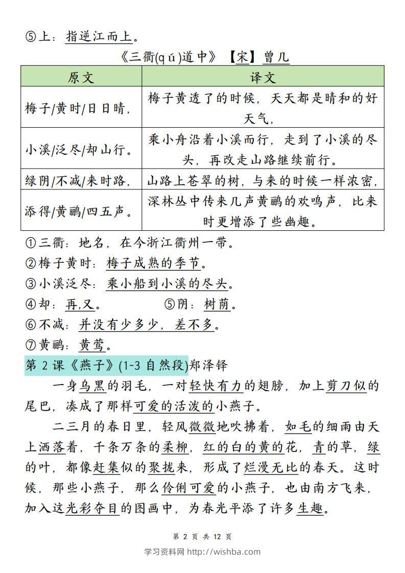 图片[2]-三下语文寒假预习：必背课文内容（原文+译文）-学习资料站